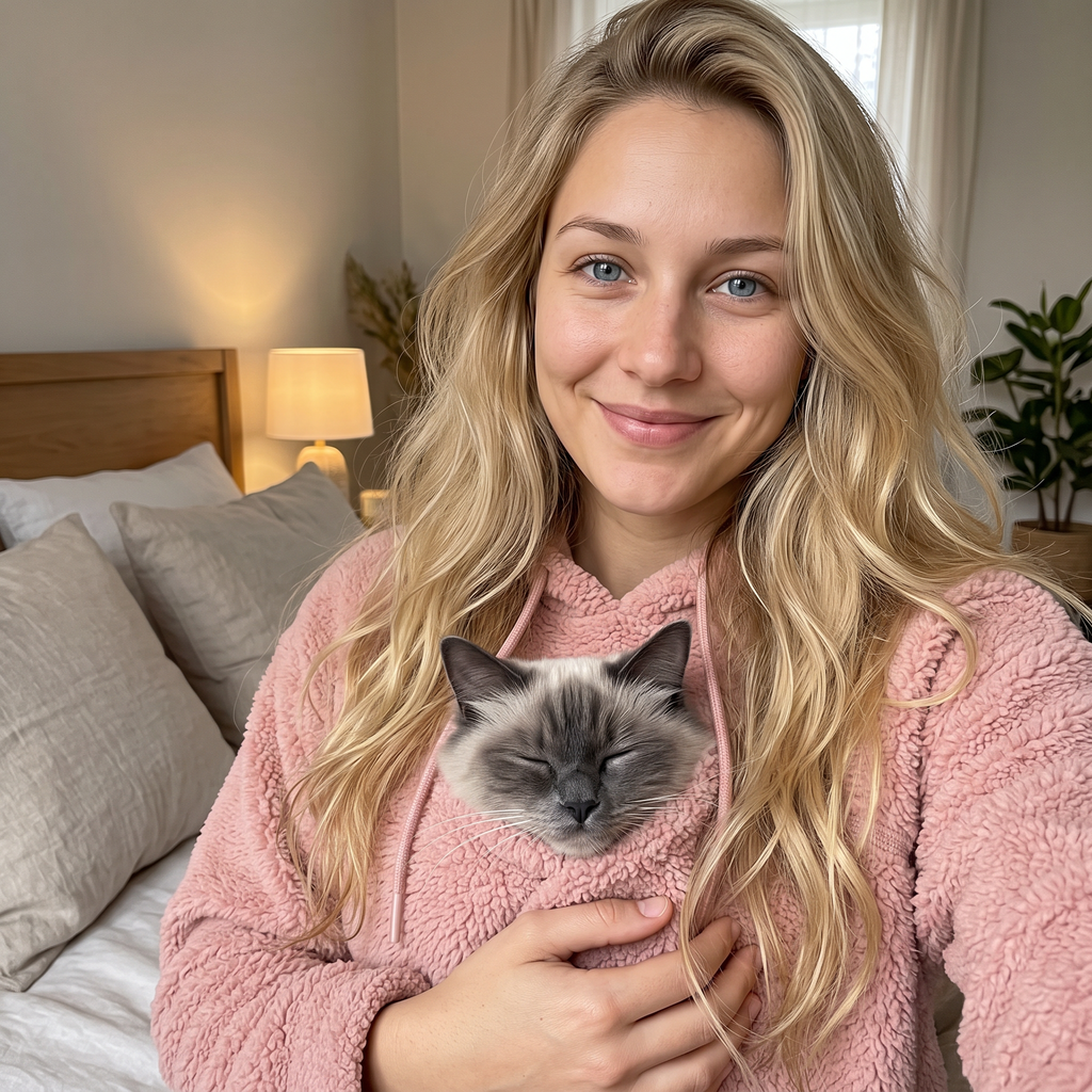Woman wearing the pink Coconid cat pouch hoodie, her cat asleep in the pouch