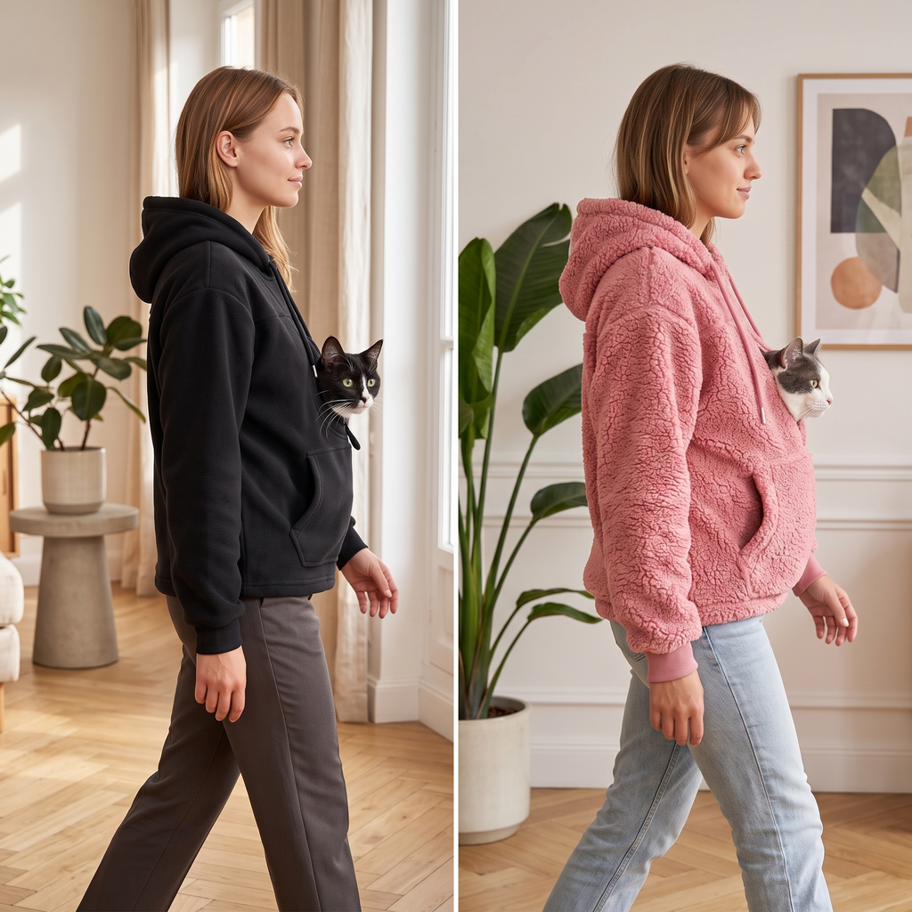 Moving around hands free with your cat in the Coconid pouch hoodie